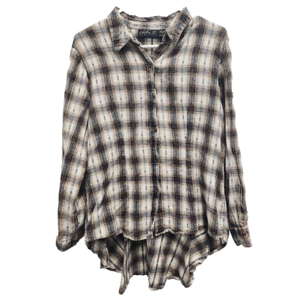 Lola P Womens BOHO Shirt Large Black Cream Plaid Crochet Back Long Sleeve Casual